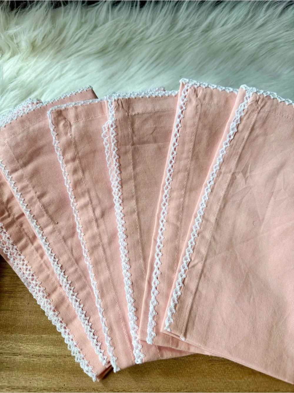 Set Of 6 Blush Pink Cotton Cloth Napkins White Crochet Lace Trim Cottagecore